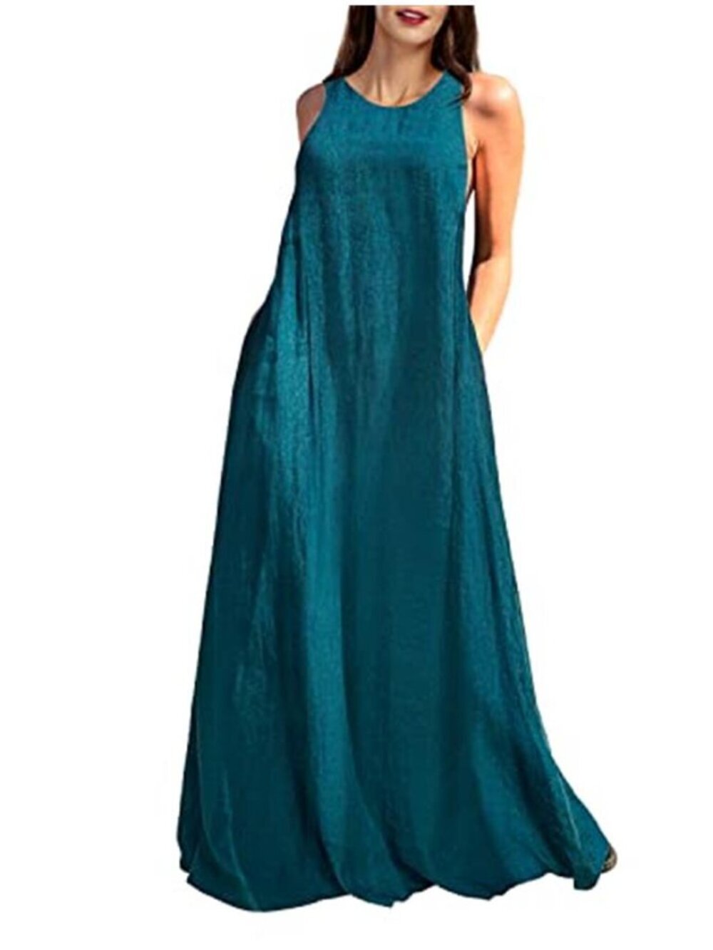 Women's Blue Linen Dress Sleeveness Loose Dresses Casual Maxi Dress with Pockets